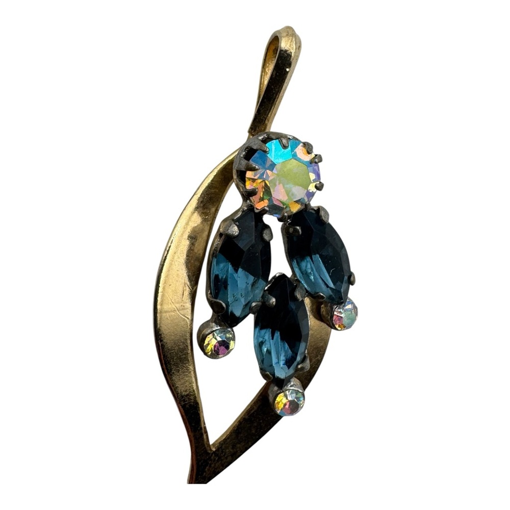 Vintage Gold Tone Leaf Pendant Blue‎ Marquise Aurora Borealis Rhinestones 1.5” - Picture 3 of 5